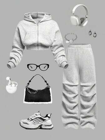 青少年女孩两件套纯色短款拉链连帽衫和长裤