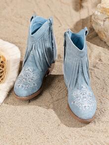 1 双女童高帮休闲防滑公主靴，时尚百搭，适合秋冬 - 藍色 - 查看 3