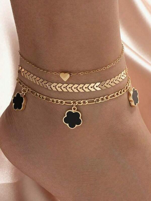Lot de 3 bracelets de cheville élégants à trèfle porte-bonheur pour femmes, bracelets de cheville en cristaux de guérison à cinq feuilles, convenant à un port quotidien, cadeau idéal pour la petite amie, l'épouse ou la partenaire