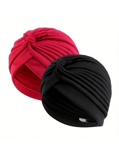 2 件纯色头巾帽 - 褶皱头巾，弹性额头交叉化疗帽，女士休闲头巾