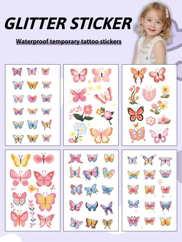 6Pcs Butterfly Glitter Sticker Temporary Tattoo Colorful Cartoon Waterproof Sweatproof Disposable For Children Face, Arm, Waist, Chest, Leg, Abdomen, Neck, Hand, Finger, Back, For Party, Stage Performance, Children's Day, Modernist Body Art