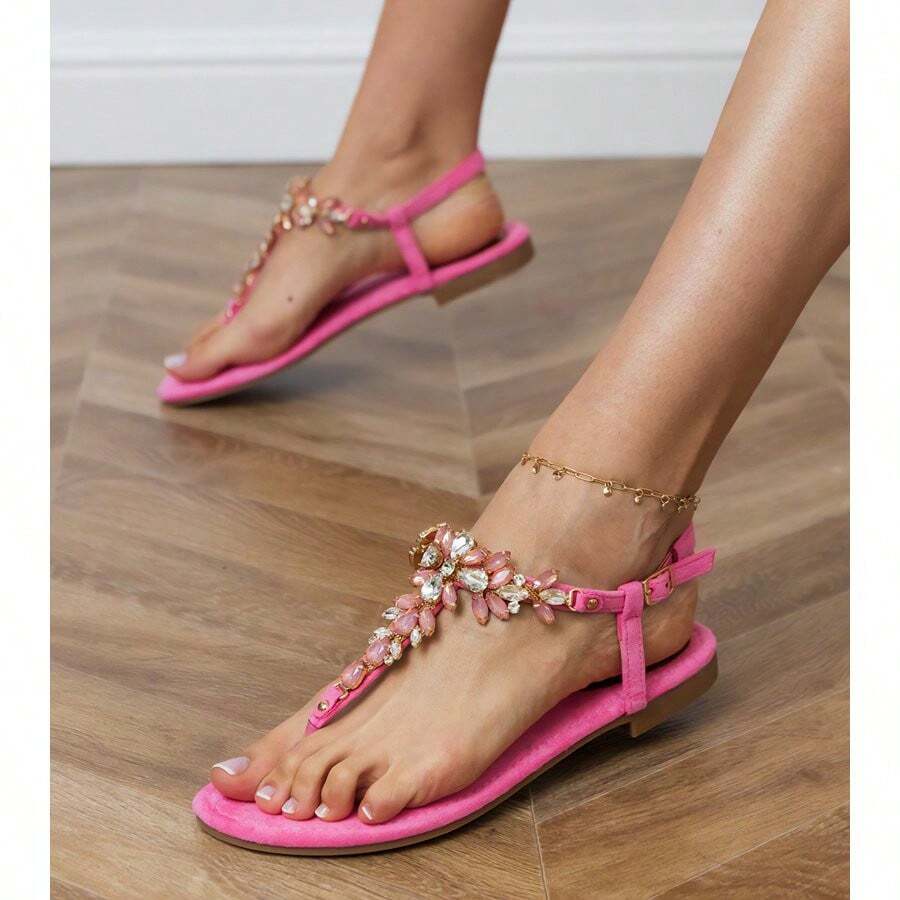 Sandalias planas elegantes con decoración de strass para mujer, verano