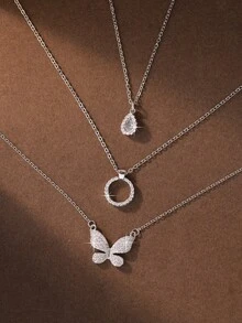 3 chiếc đồng & pha lê Zirconia hình giọt nước thanh lịch, bướm, dây chuyền mặt tròn, thiết kế cao cấp đa năng cho xương đòn nữ, quà tặng trang trí - Bạc - Xem 2