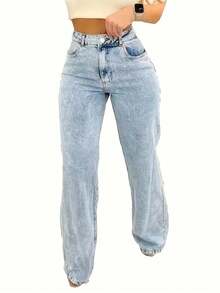 Women's Jeans, Y2K Style Women's Wear Solid Color Wash Blue High-Waisted Jeans, Loose Diagonal Pocket Zipper Button Open And Close Jeans,  Women's Jeans And Clothing, Pantalon Jean Mujer Women Clothes,Jeans Para Mujer,Pantalones De Mujer Jean,Ropa De Mujer,Tall Jeans Women, Suitable For All Seasons,Valentine's Day,Clothes,Valentine Outfits For Women, With Pocket Design, Suitable For Outdoor Outfits, Cocktail Parties, Parties, Christmas Nightclubs, Banquets, Film Festivals, Cinemas, Balls, Cocktail Parties, Bars, Weddings, Graduation Ceremonies, Homestay, Birthday Parties, Rebellious Girls, Festival-Themed Parties, Outings, Streetwear, Fashion Shows, Dates, Valentine's Day, Working Outside Universities, Schools, Villages, Concerts, Street Girls, Teenage Girls, Country-Style Women's Clothing, The Best Women Out, Women's Vacation Clothing Country Concert - 藍色 - 查看 2