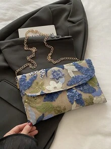 亮片刺繡花卉信封手拿包，女款時尚亮片拼接手提包，派對晚宴包，隨機剪裁，適合女性，完美搭配派對、婚禮、舞會，適配節日派對洋裝、晚禮服與亮片洋裝 - 藍色 - 查看 3