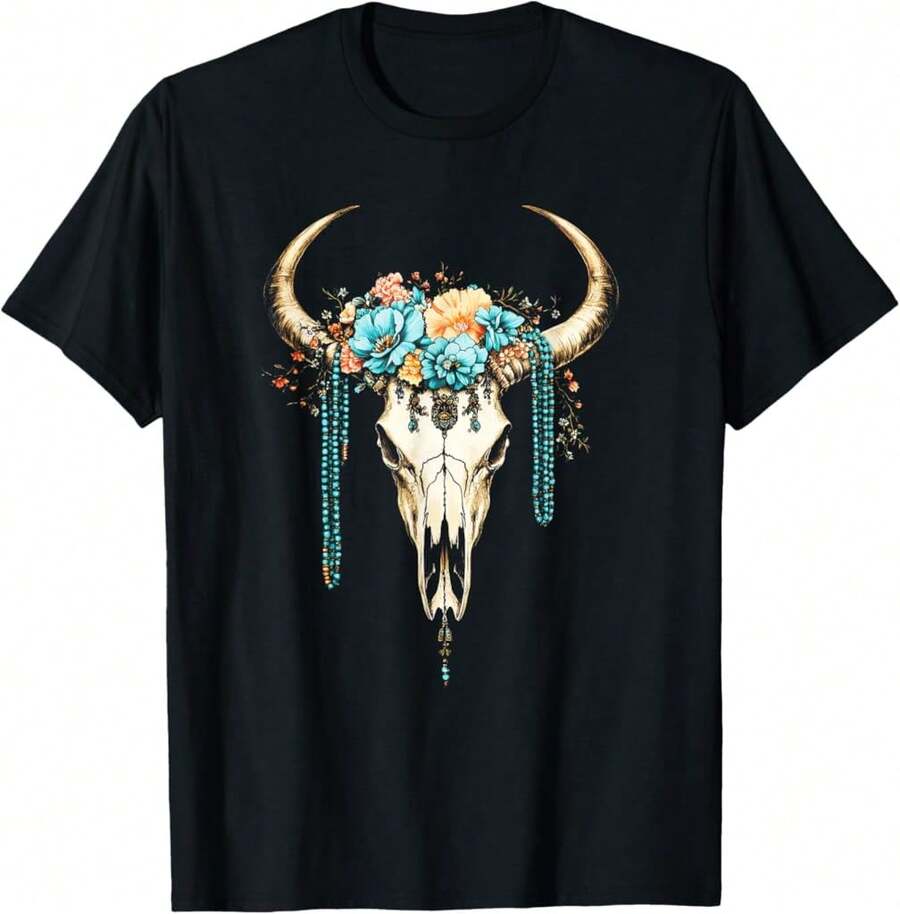 Western Turquoise Teal Cowgirl Country Boho T-Shirt Gift For Cat Lovers Gift For Music Teachers - Black - View 1