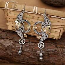 1 Pair Vintage Mechanical Gear, Bee, Circular Dial, Heart Shaped Long Earrings, Women's Fashion Punk Jewelry Gift