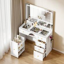 Transparent Glass Tabletop Vanity Desk, White Dressing Table With Large Mirror And Mobile Storage Trolley, Jewellery Storage, 5 Drawers, Makeup Desk For Bedroom - White - View 11
