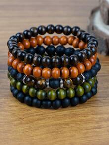 5 件套多层天然虎眼石和木珠手链，适合男士日常佩戴或作为节日礼物 - 彩色 - 查看 4