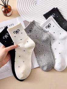 4 Pairs Women's Polka Dot Bow Short Socks, Black, White, Gray Optional, Suitable For Any Season - Multicolor - View 2
