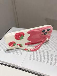 1 件时尚腕带草莓印花加厚高防摔手机壳带支架，兼容 Apple 及系列防水防震防摔防刮
