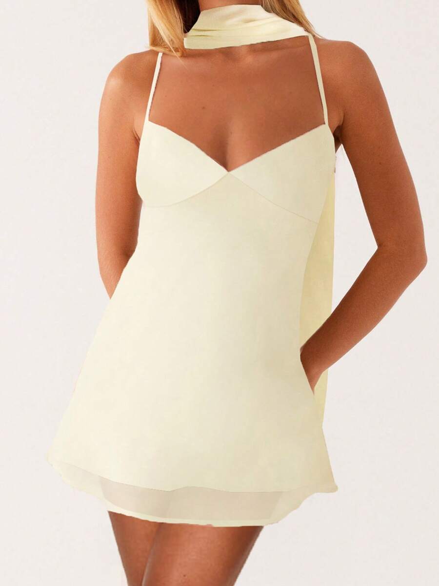 Women Mini Dress Floral Print/Solid Color Sleeveless Cami Dress Summer Backless Dress With Choker Scarf