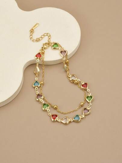 1 pieza Tobillera/pulsera de acero inoxidable con corazón de doble capa, brillante y encantadora, accesorio de playa, joyería para mujer (la cantidad de cadena, cuentas y corazones hechos a mano puede variar, prevalece la longitud real)