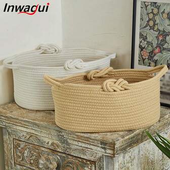 Inwagui 1 pezzo Cestino portaoggetti intrecciato minimalista, cestino decorativo artistico con manici annodat, per organizzare scrivania, cosmetici, oggetti vari, cancelleria, organizzazione del bagno