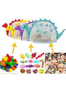 适合青少年的彩色恐龙形沙滩包 - 轻便、可折叠，配有可调节肩带、网袋、拉链封口 - 恐龙形沙滩包户外储物袋可爱旅行单肩包恐龙形背包玩具储物袋、沙滩玩具网状沙滩包贝壳包恐龙沙滩沙玩具手提袋用于存放贝壳沙滩玩具 - 彩色 - 查看 6