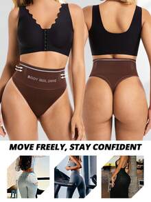 FLARIXA Women Seamless High Rise Thong Panty Tummy Control Thongs Shaperwear Slimming Underwear Body Building Brown Panties - Brown - View 7