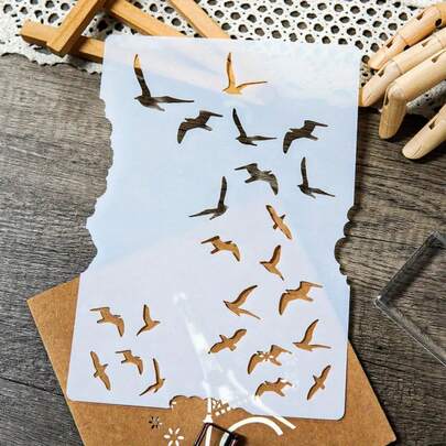 1pc Reusable Flying Birds Pattern Stencil, For DIY Scrapbooking, Card Making And Crafts - Plastic Spray Paint Stencil,Back To School,School Supplies