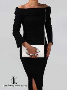 1 pieza Bolso de mano de estilo retro de moda para mujer, bolso de lujo y elegante de cuero con decoración metálica, correa de hombro desmontable de cadena metálica, adecuado para bodas, fiestas, bailes de graduación, discotecas, ocasiones formales, vestidos, cartera blanca - Blanco - Ver 5