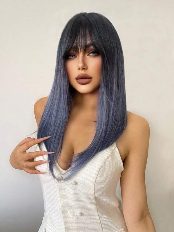 1piece Synthetic Heat Resistant Straight Hair With Bangs Princess Cut Wine Golden Color 24 Inch Fully Machine Woven Daily Natural Realistic Wig