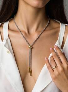 1pc Fashion Minimalist Luxury 18K Gold Plated Stainless Steel Y-Shaped Tassel Necklace, Suitable For Women's Daily Wear, Gift For Family, Friends, Sisters Valentines