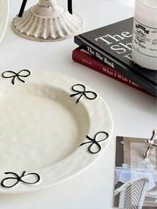 1pc Ins Style Cute Bow Ceramic Plate, Household Bow Design Tableware Ceramic Plate, Shallow Dish, Dessert & Fruit Plate, Breakfast Plate For Single Use - Multicolor - View 7