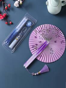 1把中国风折纸扇，带流苏 - 传统花卉图案，轻巧便携塑料扇，适合女性、汉服、家居装饰、文化礼品 - 彩色 - 查看 9