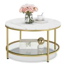  Tavolino da Salotto Rotondo, Tavolino da Caffè, 80 x 46 cm /65 x 46 cm,Tavolo con Piano Effetto Marmo, Ripiano in Vetro Temperato, Montaggio Facile, Moderno, Soggiorno,  Bianco Marmo e Oro Metallico - Dorato - Visualizzare 8