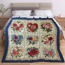 Vintage Floral Heart Throw Blanket - Made Of Polyester, Comfortable For All Seasons, Knitted And Quilted Design, With Floral Pattern Of Red, Pink And Blue Roses, Ideal For Sofa Or Bed Decor, Cozy Home Decor | Vintage Comforter Design | Durable Quilted Blanket