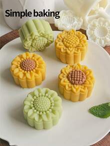 4件套3D立体花纹糕点模具，生日礼物烘焙套装，便当用品，手工DIY饼干模具，蛋糕，饼干，印章饼干切割模具，节日派对月饼，豆沙饼厨房工具，返校午餐盒用品，饼干切割器。月饼模具套装，饼干造型器。饼干印章 - 米色 - 查看 4