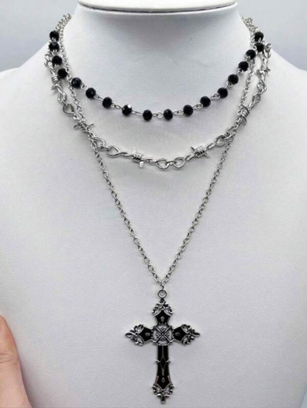 3pcs/Set Retro Gothic Style Dark Luxury Punk Cross & Thorn Layered Necklace, Beaded Choker Necklaces, Boho Metallic Necklaces For Women