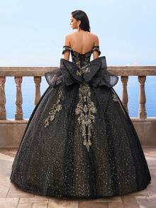 Vestidos de bola estilo Bridgerton con hombros descubiertos y malla negra para mujeres, vestido de novia de línea A de manga abullonada extra grande para la novia - Negro - Ver 4