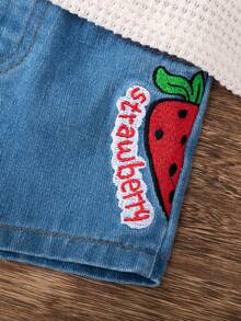 2 件套，女童时尚可爱草莓印花无袖背心 + 草莓刺绣休闲牛仔短裤
