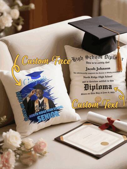 1pc Custom Photo Cushion Cover, Personalized Pillow With Your Photo, Custom Graduation Style Pillow And Pillow Case, W45*H45CM And W40*H40CM Cute Funny Pillow, Graduation Memorial Gift, For Home Decor, Dad, Mom, Family, Friends, Pets For Anniversaries, For Valentine's Day, For Mother's Day, For Birthdays, For Children's Day, For Father's Day, For Graduation, For Weddings, For Christmas, For Housewarming Sofa, Bed, Car, Tea Room, Bedroom, Living Room