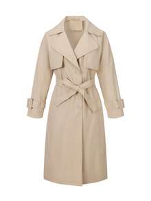 Casaco trench coat longo e simples feminino Risissida para primavera e outono, com cinto e bolsos, adequado para qualquer ocasião. - Bege - Ver 8