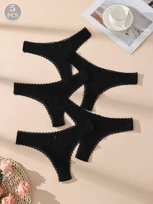 5pcs/Pack Black Sexy Lace Patchwork Thong Panties, Cute Bow Decor, Soft Cotton Breathable Women's Underwear