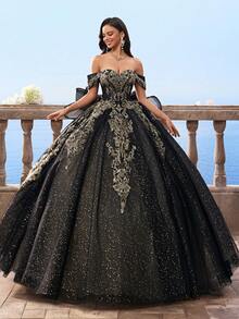 Vestidos de bola estilo Bridgerton con hombros descubiertos y malla negra para mujeres, vestido de novia de línea A de manga abullonada extra grande para la novia - Negro - Ver 2