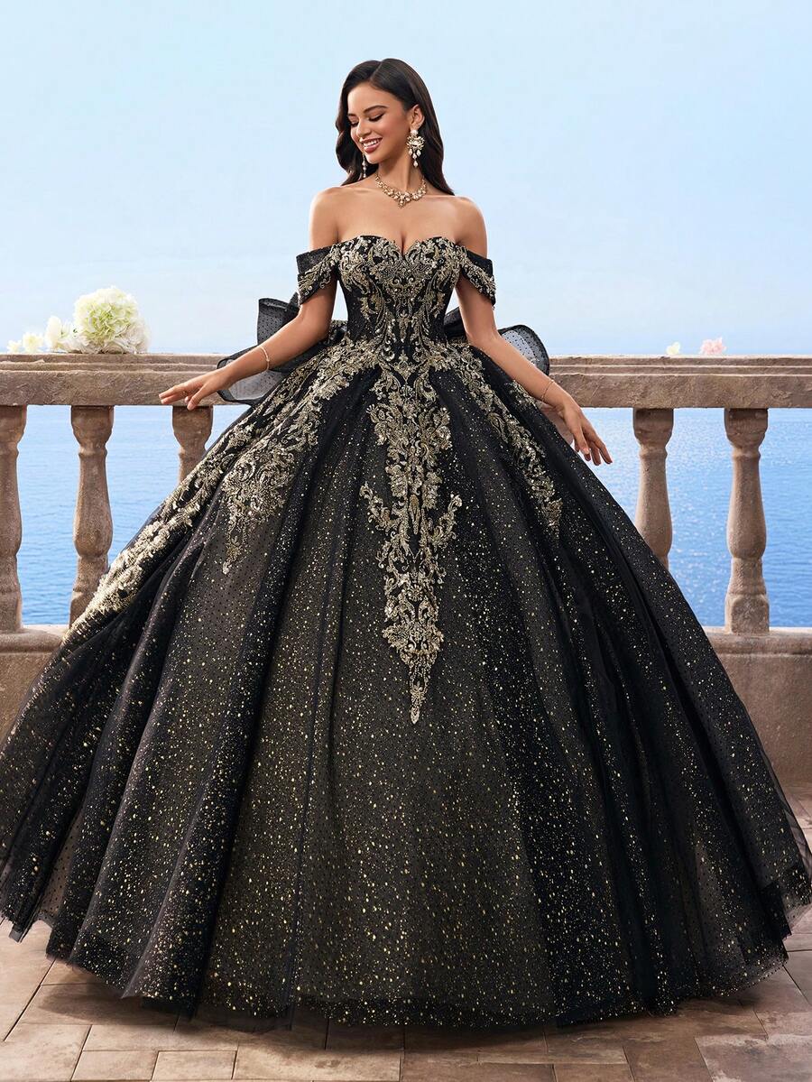 Vestidos de bola estilo Bridgerton con hombros descubiertos y malla negra para mujeres, vestido de novia de línea A de manga abullonada extra grande para la novia