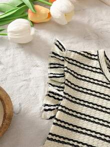 Baby Girl Striped Print Short Sleeve T-Shirt And Black Suspender Jumpsuit Casual Set - Apricot - View 7