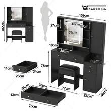 Gran tocador con espejo iluminado deslizante y taburete, mesa de maquillaje con soporte para secador de pelo - Negro - Ver 6