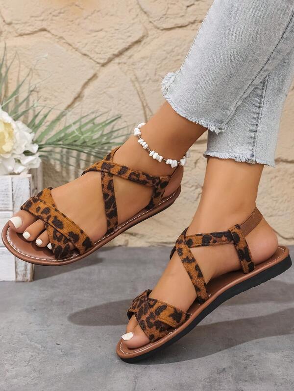 Women's Leopard Print Thick-Sole Super Lightweight Sandals, Elastic Band, Outdoor Casual Crossover Fashionable Cute Thick-Sole Sandals