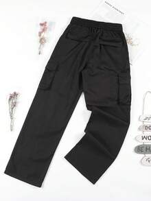 Vaqueros oscuros de mujer, estilo de cintura alta y pierna ancha con bolsillos tácticos, ideales para salidas diarias, compras, viajes y moda casual - Negro - Ver 3