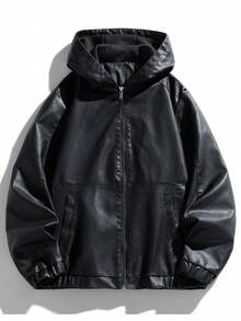 男士春秋休闲连帽皮革机车夹克，Grunge - 黑色 - 查看 1