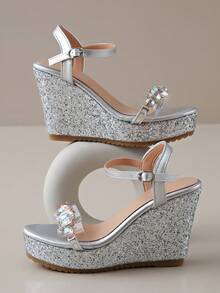 女士优雅闪亮水晶坡跟凉鞋，厚底，适合婚礼、派对、办公室、休闲装、夏季 - 銀色 - 查看 9