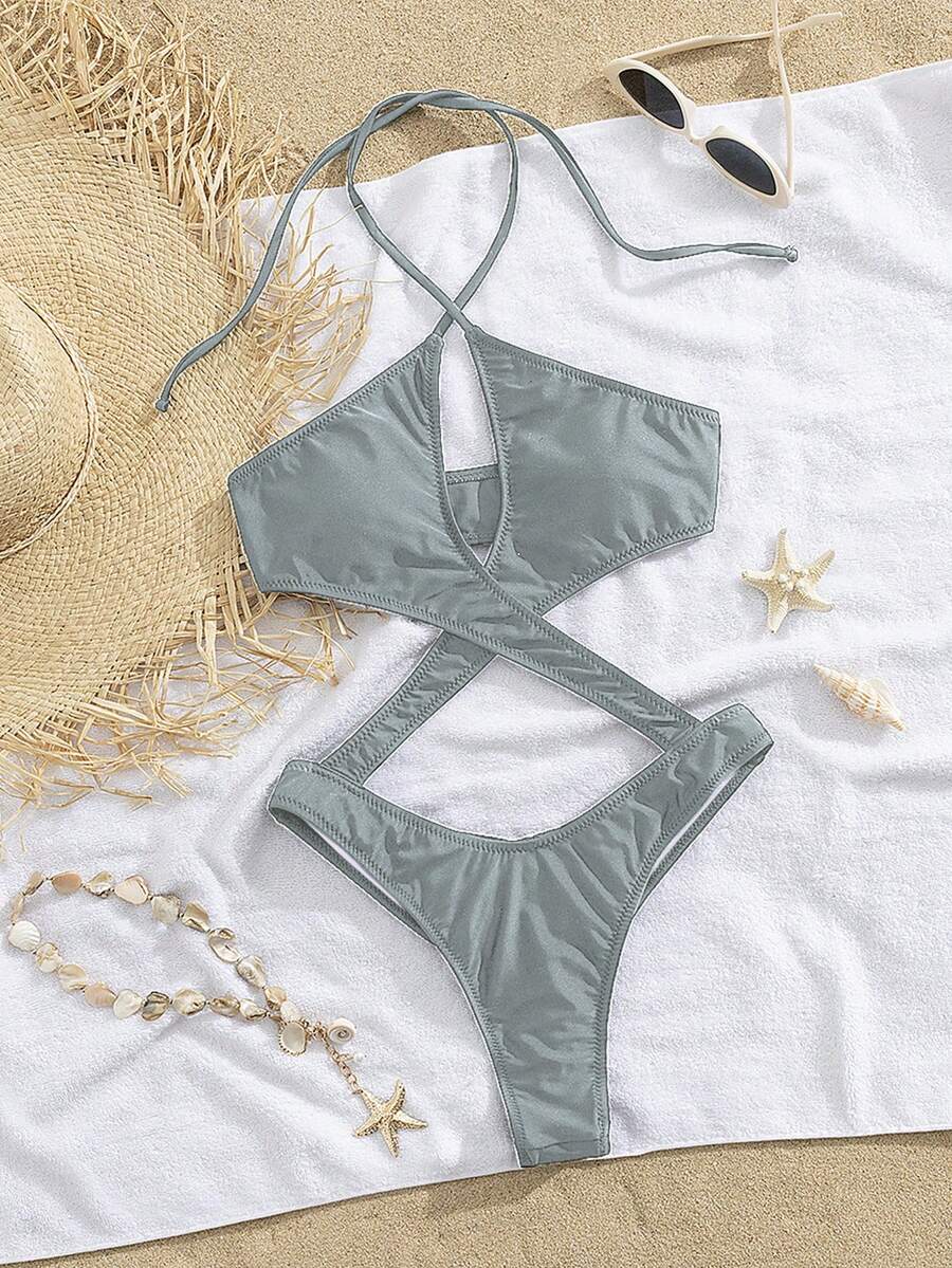 Traje de baño de una pieza sexy con espalda descubierta y cruzado delantero para mujer