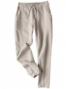 Lanwont Women's Linen Trousers Summer Casual High Waist Drawstring White Beach Pants - LightKhaki - View 2