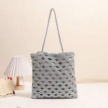 Fashion Hollow Shoulder Straw Bag Wave Pattern Summer Beach Bag - Silver - View 2