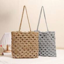 Fashion Hollow Shoulder Straw Bag Wave Pattern Summer Beach Bag - Silver - View 3