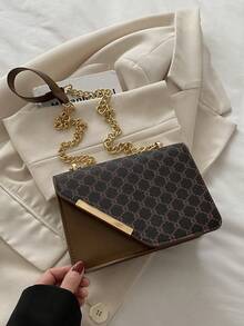 Mini Fashionable Plaid Contrast Stitching Crossbody Bag, Metal Chain Strap Shoulder Bag Square Purse, Suitable For Shopping - Coffee - View 3