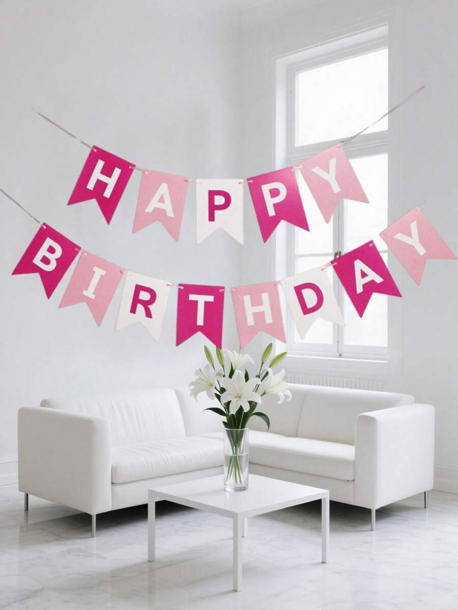 1 Set Pink Happy Birthday Paper Pennant Flags, Modern Metal Letter Graphic Hanging Flags For Birthday Party Decor - Multicolor - View 1