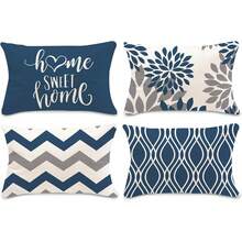 4 件装蓝色几何图案抱枕套 - 沙发装饰靠垫套，户外家居装饰枕套，单面无芯，花卉节日装饰枕套（16 英寸 x 16 英寸、18 英寸 x 18 英寸、20 英寸 x 20 英寸）（12 英寸 x 20 英寸） - 藍色 - 查看 5